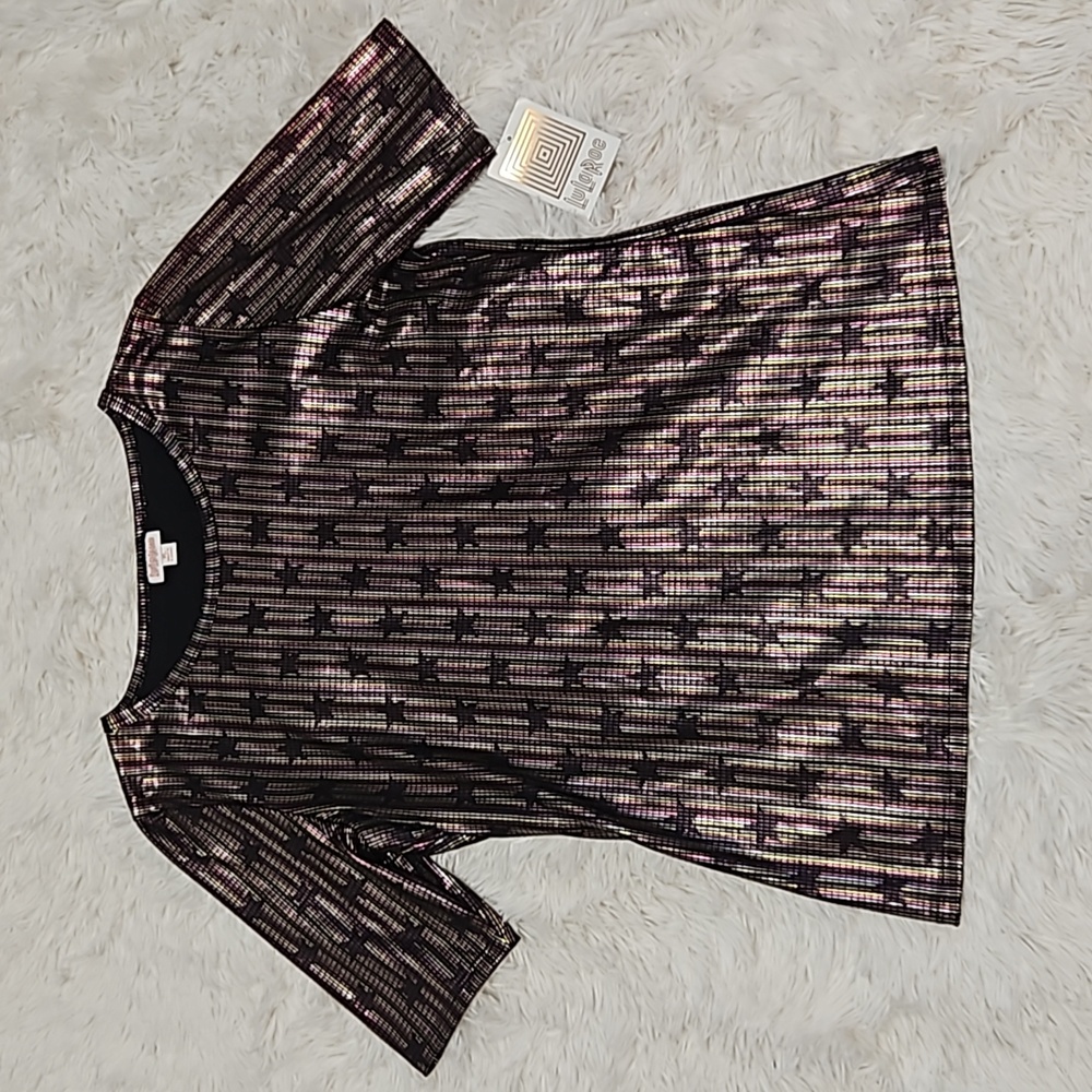 LuLaRoe Gigi Black Metallic Stripe Short Sleeve Top